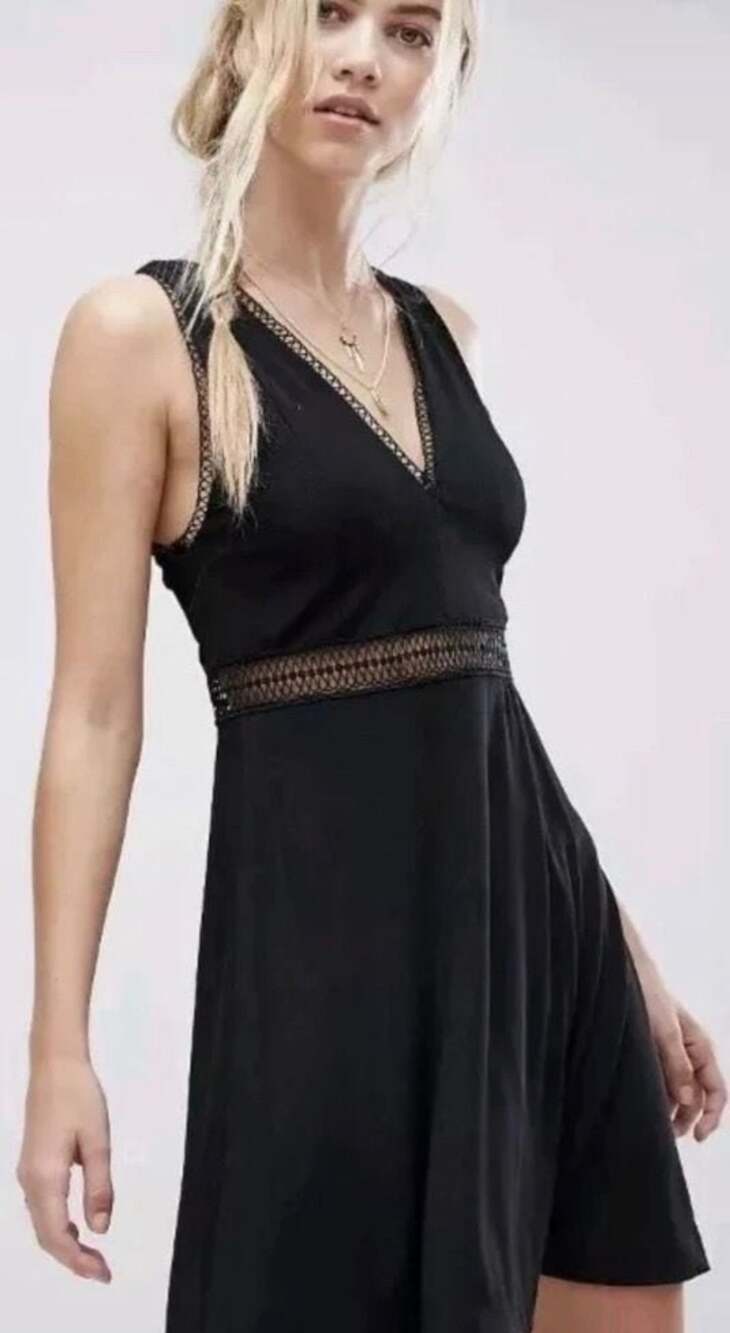 Free People King of My Heart Black Ribbed Crochet Trim Mini Dress